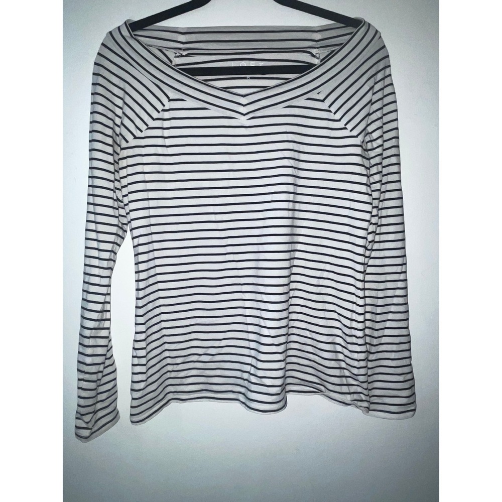 Loft Womens V-Neck Raglan Long Sleeve Striped Top Black White Size M 491111